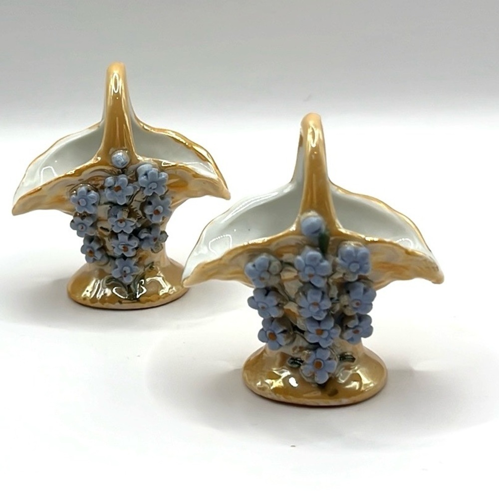2 Vintage Elfinware Miniature Basket with Blue Flowers Made in Germany